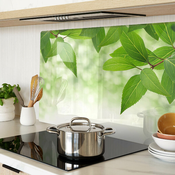 Glas schneidebrett Blätter vor einem verschwommenen grünen Hintergrund