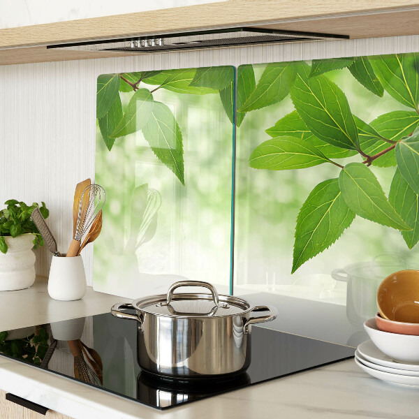 Glas schneidebrett Blätter vor einem verschwommenen grünen Hintergrund