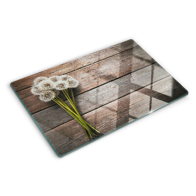 Schneidebrett Glas mit Motiv aus Löwenzahnblüten auf Holzoptik