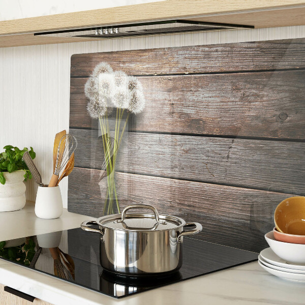 Schneidebrett Glas mit Motiv aus Löwenzahnblüten auf Holzoptik