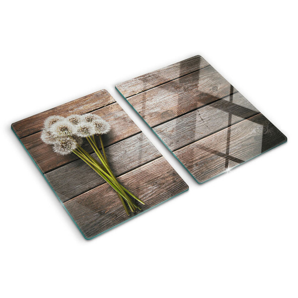 Schneidebrett Glas mit Motiv aus Löwenzahnblüten auf Holzoptik