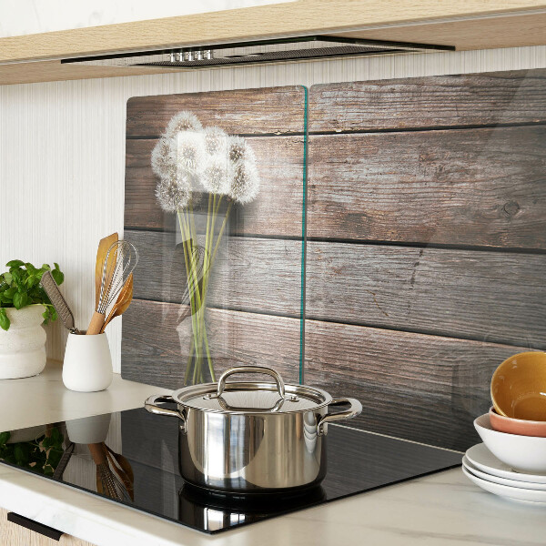 Schneidebrett Glas mit Motiv aus Löwenzahnblüten auf Holzoptik