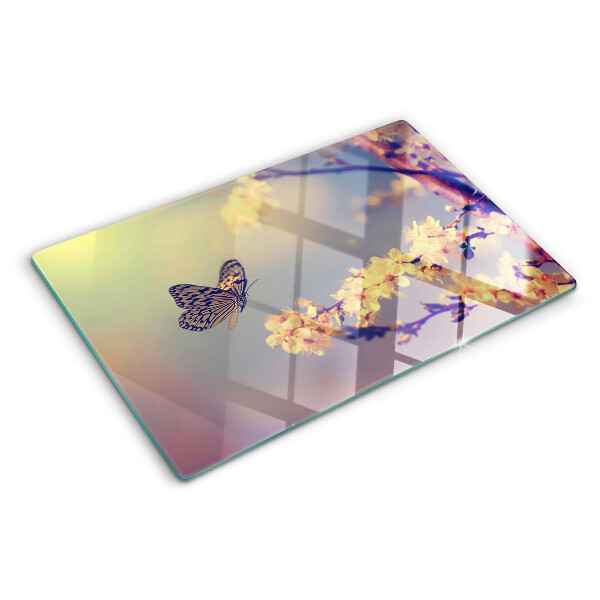 Schneidebrett glas Schmetterlingsmotiv auf Blumenhintergrund