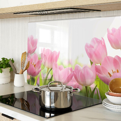 Schneidebrett mit Motiv rosa Tulpen im Garten