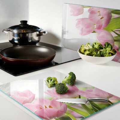 Schneidebrett mit Motiv rosa Tulpen im Garten