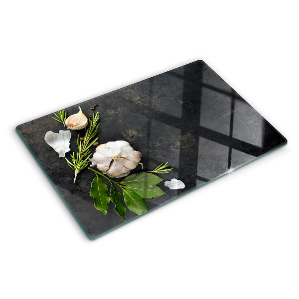 Schneidebrett Glas mit Motiv aus Blumen und Kräutern auf Marmorgrund