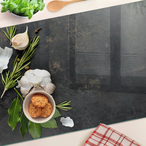 Schneidebrett Glas mit Motiv aus Blumen und Kräutern auf Marmorgrund