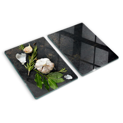 Schneidebrett Glas mit Motiv aus Blumen und Kräutern auf Marmorgrund