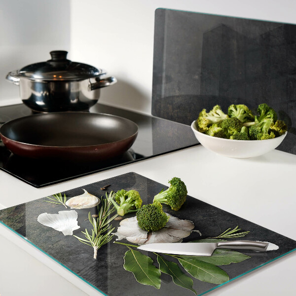 Schneidebrett Glas mit Motiv aus Blumen und Kräutern auf Marmorgrund