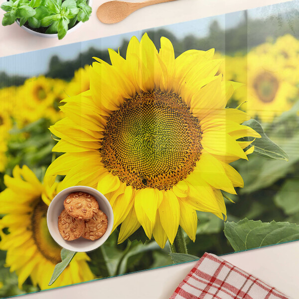 Schneidebrett glas Sonnenblumen vor grünem Hintergrund