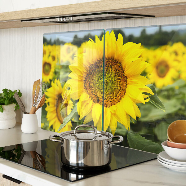 Schneidebrett aus Glas mit Sonnenblumen vor grünem Hintergrund