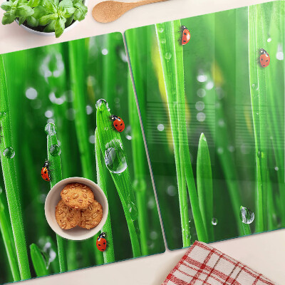 Schneidebrett Glas mit Motiv Wassertropfen auf Gras und Marienkäfern