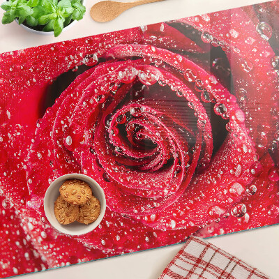 Schneidebrett glas Rote Rose mit Wassertropfen