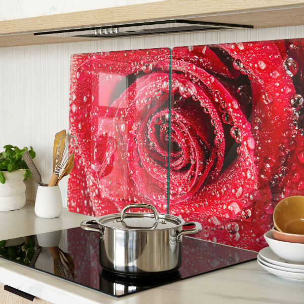 Schneidebrett glas Rote Rose mit Wassertropfen