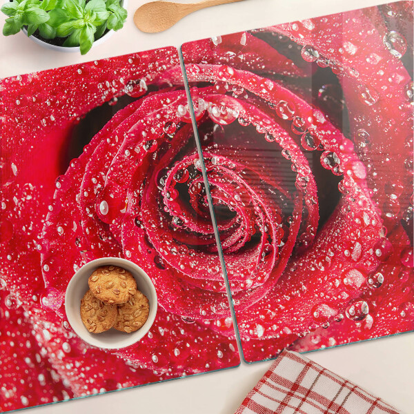 Schneidebrett Glas mit Motiv einer roten Rose und Wassertropfen