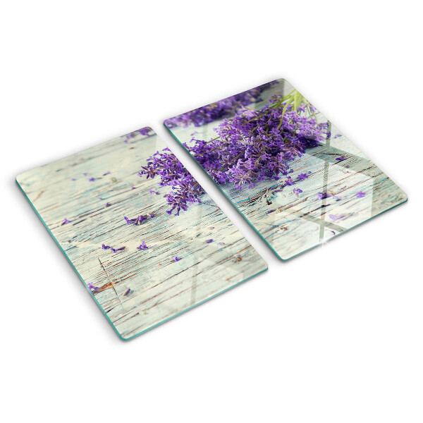 Glas-Schneidebrett mit Lavendelmotiv auf Holzoptik