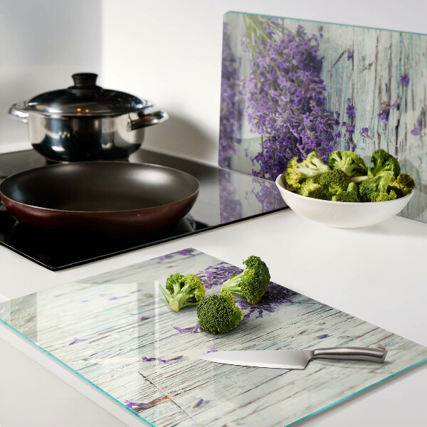 Glas-Schneidebrett mit Lavendelmotiv auf Holzoptik