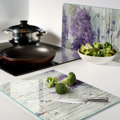 Glas-Schneidebrett mit Lavendelmotiv auf Holzoptik