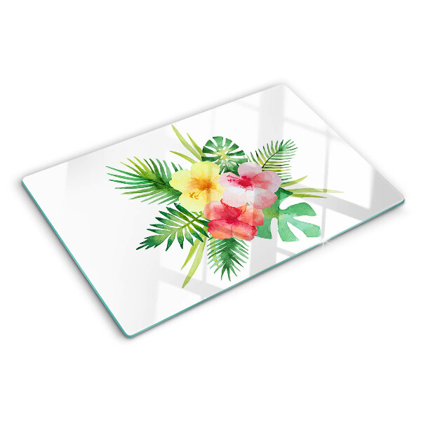 Schneidebrett Glas mit tropischem Blumen- und Blättermotiv