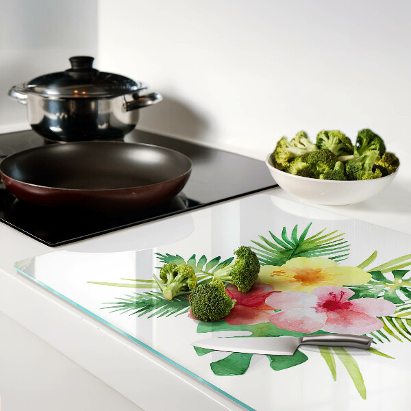Schneidebrett Glas mit tropischem Blumen- und Blättermotiv