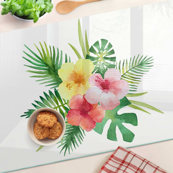 Schneidebrett Glas mit tropischem Blumen- und Blättermotiv