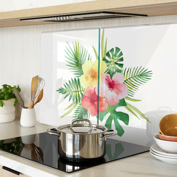Schneidebrett Glas mit tropischem Blumen- und Blättermotiv