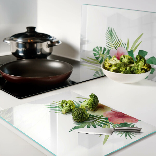 Schneidebrett Glas mit tropischem Blumen- und Blättermotiv