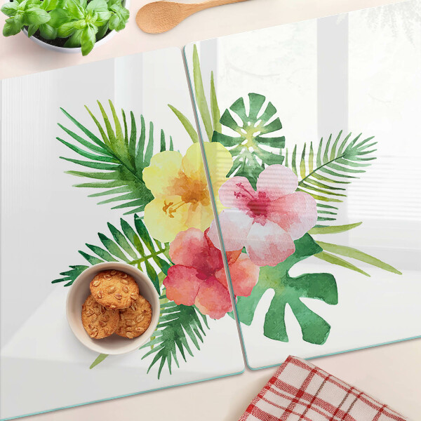 Schneidebrett Glas mit tropischem Blumen- und Blättermotiv