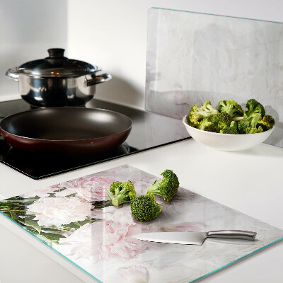 Glas schneidebrett Pfingstrosen auf Marmorgrund