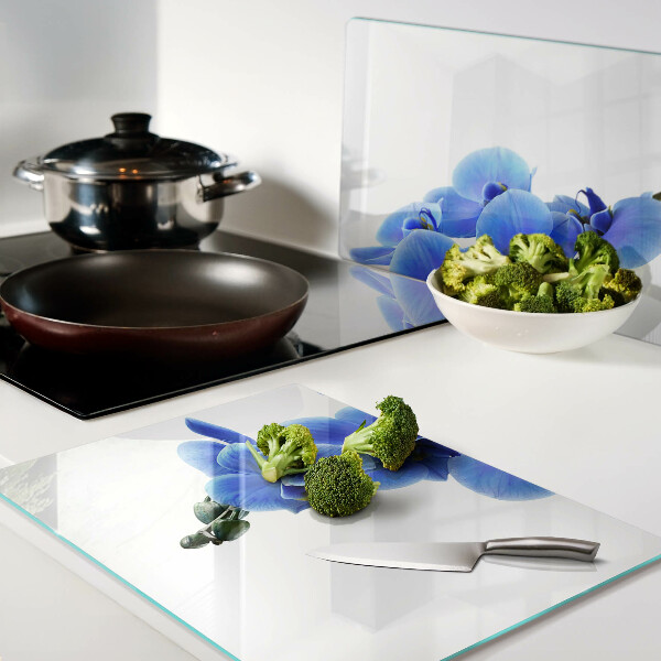 Glas-Schneidebrett mit Motiv blauer Orchideen