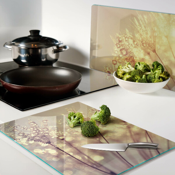 Schneidebrett Glas mit Motiv aus Blumen und Wassertropfen