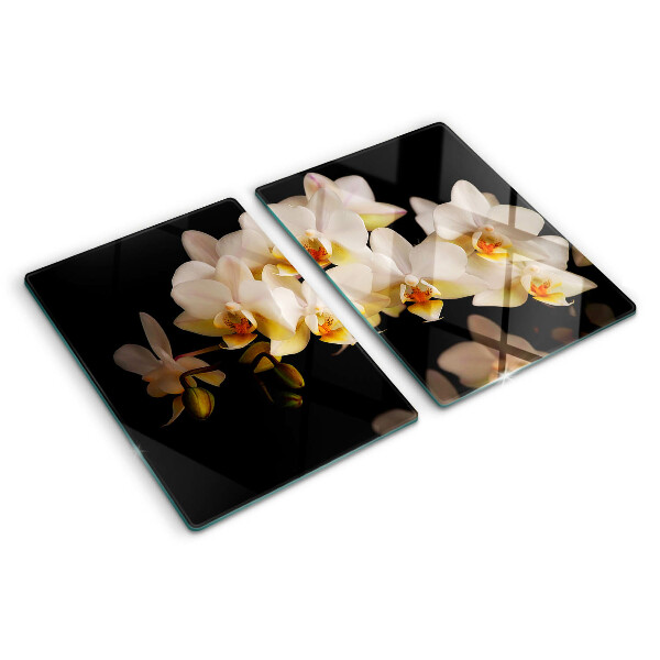 Glas schneidebrett Orchideen auf schwarzem Hintergrund
