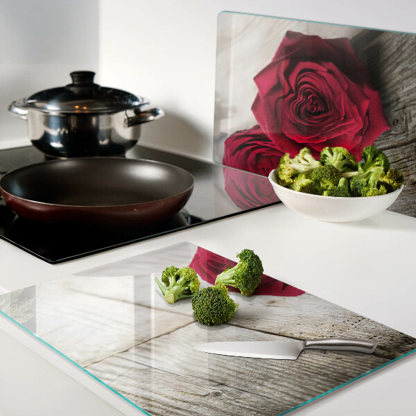 Schneidebrett Glas mit Motiv roter Rosen auf Holzgrund