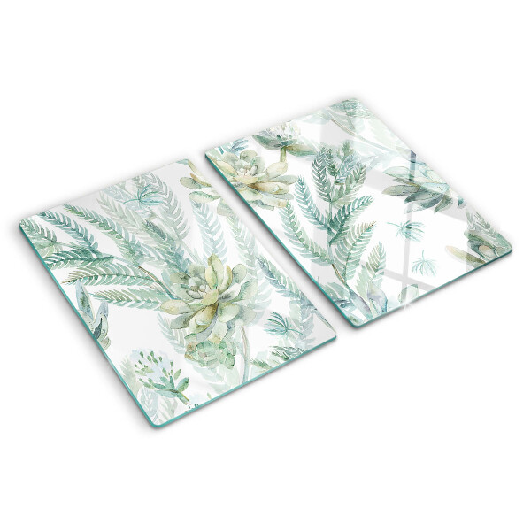 Glas Schneidebrett mit Motiv aus Sukkulenten und Blättern