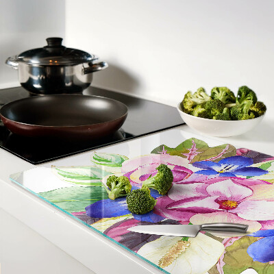 Schneidebrett mit Blumenmuster mit rosa und blauen Blüten