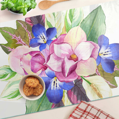 Schneidebrett mit Blumenmuster mit rosa und blauen Blüten
