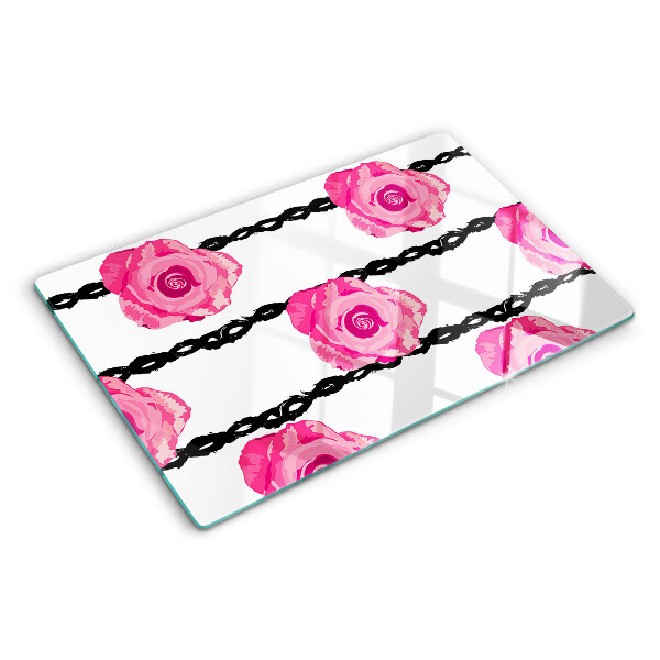 Schneidebrett Glas mit Rosenmotiv auf schwarzem Hintergrund