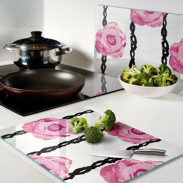 Schneidebrett Glas mit Rosenmotiv auf schwarzem Hintergrund