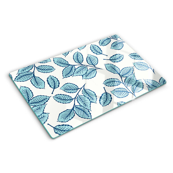 Schneidebrett Glas mit Blattmotiv in Blautönen