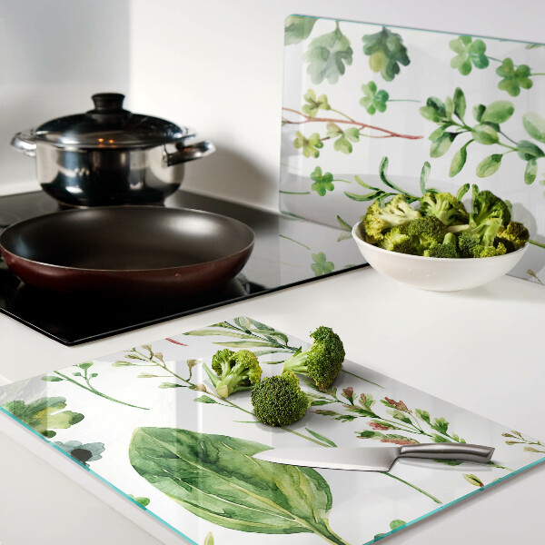 Glas-Schneidebrett mit Pflanzenmuster in Grüntönen