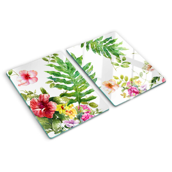 Glas-Schneidebrett mit Blumenmuster und Blättern