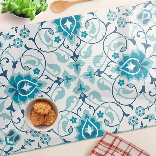 Glas-Schneidebrett mit Blumenmuster in Blautönen