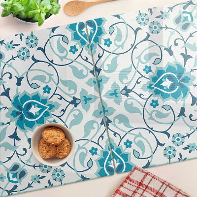 Glas-Schneidebrett mit Blumenmuster in Blautönen