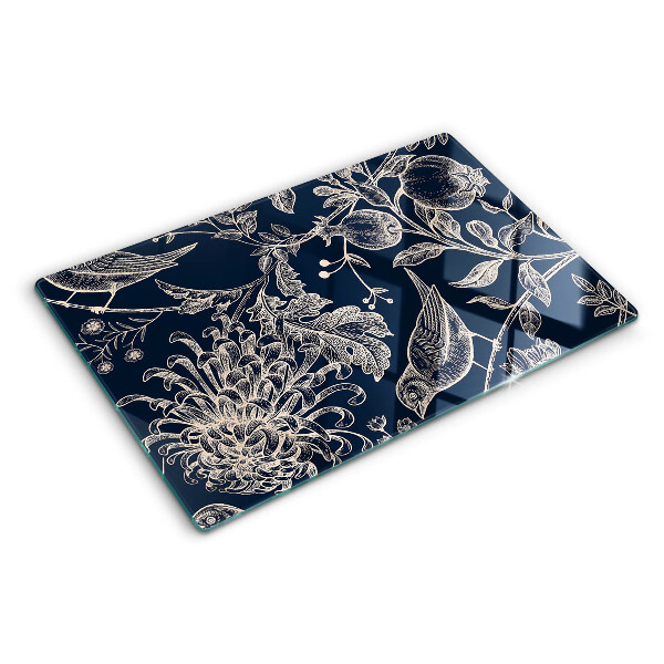 Schneidebrett Blumen und Vögel auf dunklem Hintergrund