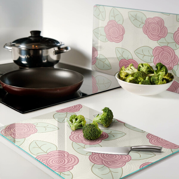 Schneidebrett glas Rosen auf den Blättern