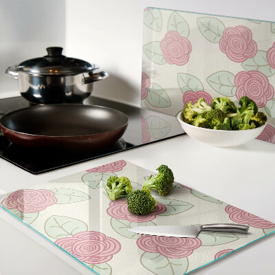 Schneidebrett glas Rosen auf den Blättern