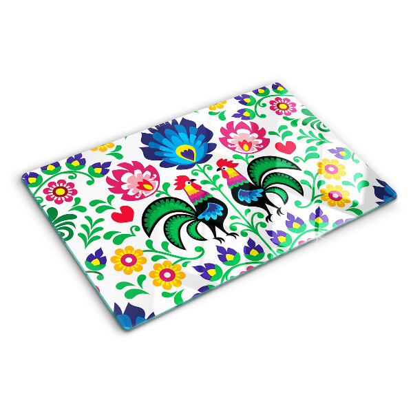 Schneidebrett mit Volksmotiv und Hähnen