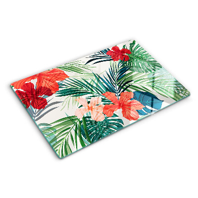 Schneidebrett Glas mit tropischem Pflanzenmotiv und Blüten