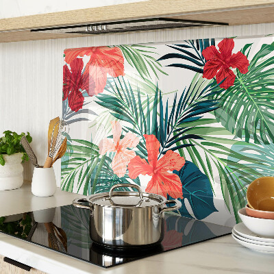 Schneidebrett Glas mit tropischem Pflanzenmotiv und Blüten