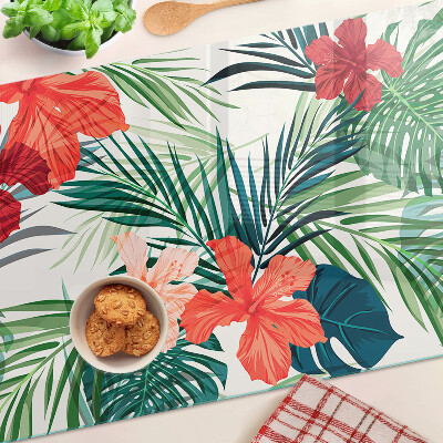 Schneidebrett Glas mit tropischem Pflanzenmotiv und Blüten